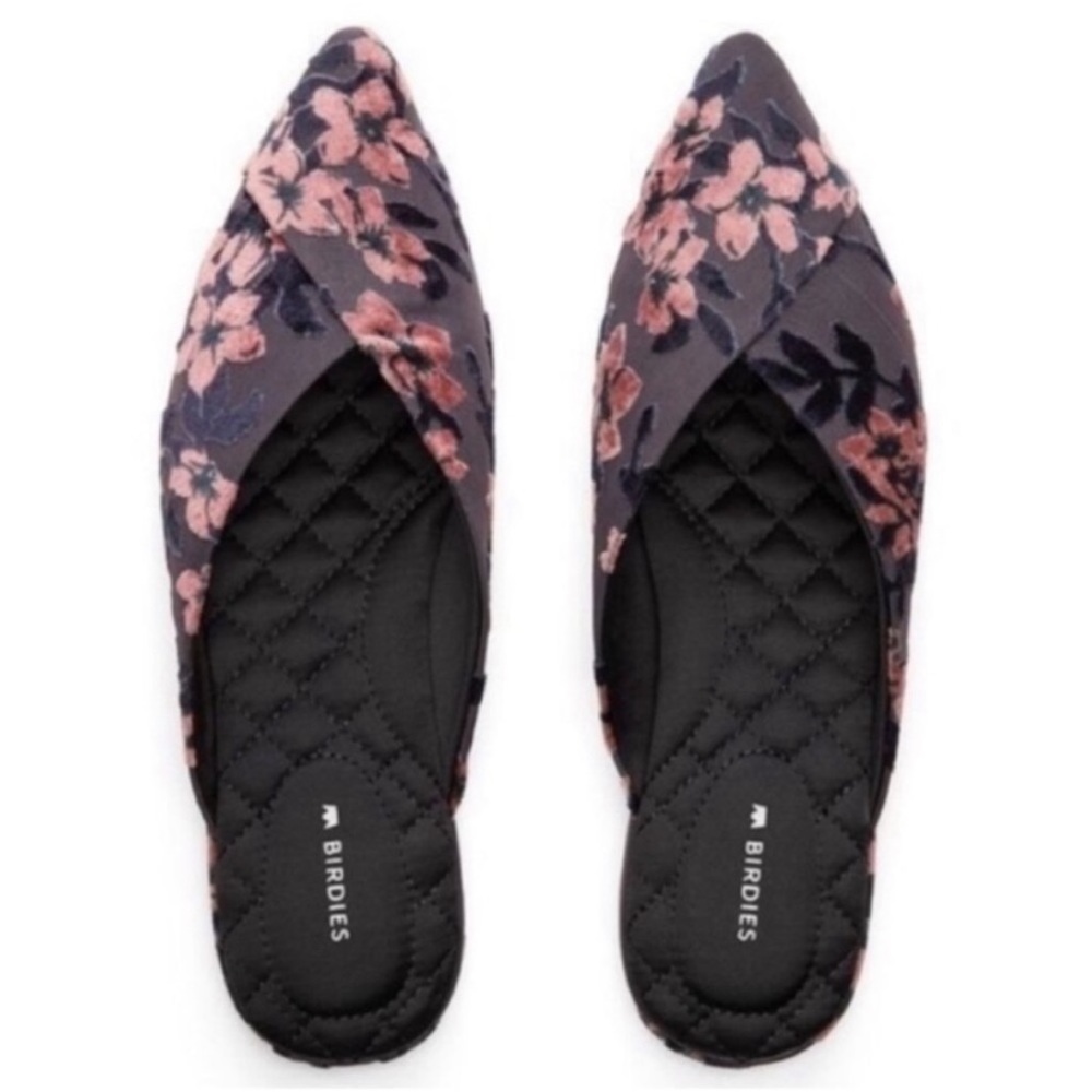 Birdies The Swan Cherry Blossom Gray Velvet Floral Pointed Slip On Mule Sz 8.5